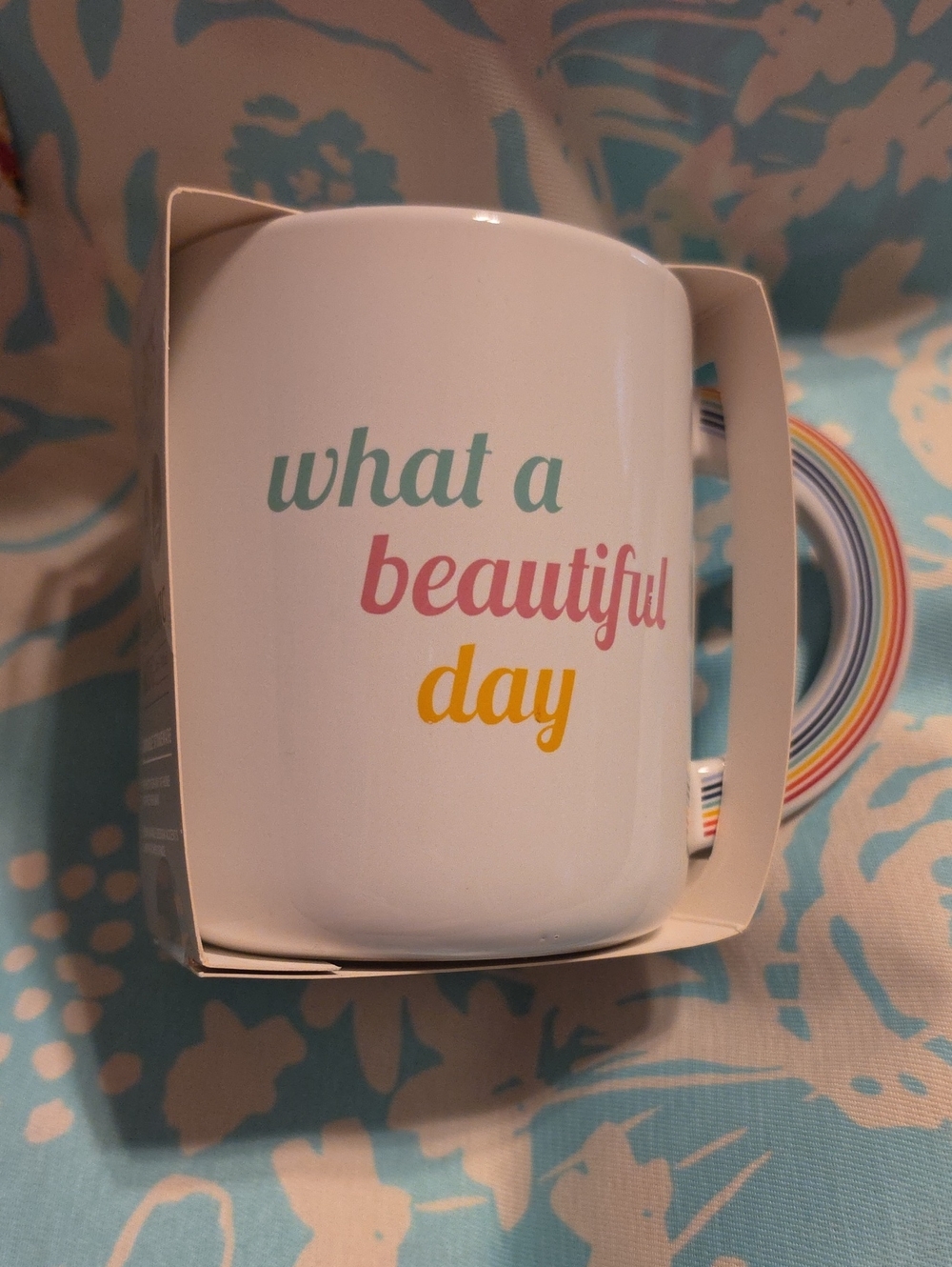 What a Beautiful Day White Ceramic Mug with Pastel Typography New